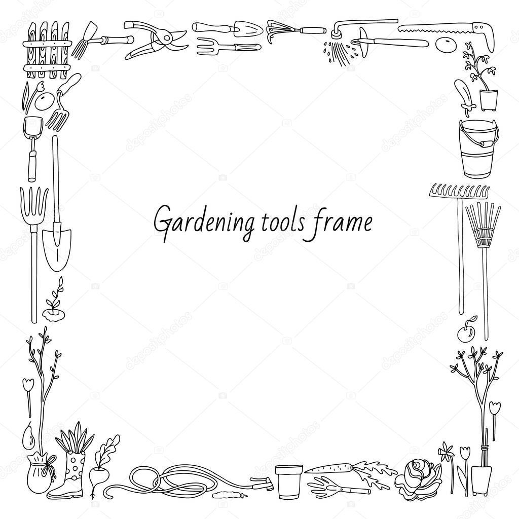Gardening square frame with garden tools, vegetables, fruits, buckets, picket fence, flowers, sprout, seedling trees. Doodle style illustration in black ink. 