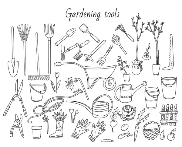 Big Set Gardening Tools Watering Can Hoe Bucket Hose Pitchfork — Stock Vector