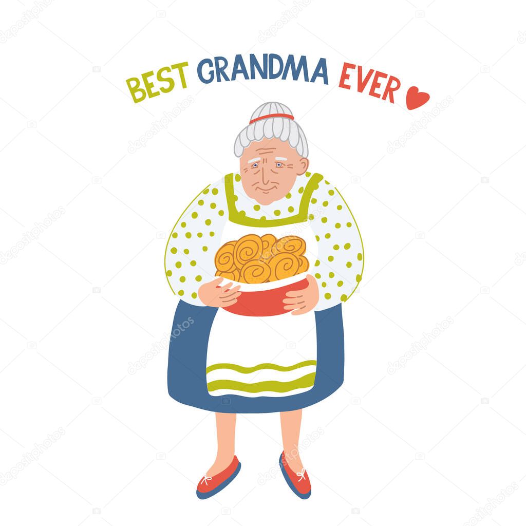 Best grandma ever. Lettering and vector illustration of a senior woman with sweet buns isolated on white background. She wears a deep blue skirt, a white apron, a polka dot blouse and red flat shoes.