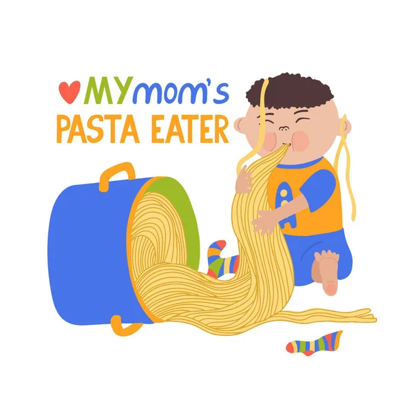 Annemin Makarna Yiyicisi Mektup Çizimi Tencerede Spagetti Yiyen Tatlı Bir — Stok Vektör