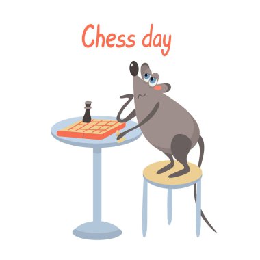 A rat and a chessboard. Chess day. Greeting card wich a cute clever mouse. Vector illustration isolated on white background. Hand drawn lettering. Great for t shirts, posters. clipart