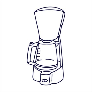 Karalama tarzında kahve makinesi. Beyaz arkaplanda siyah mürekkeple el çizimi vektör çizimi. 