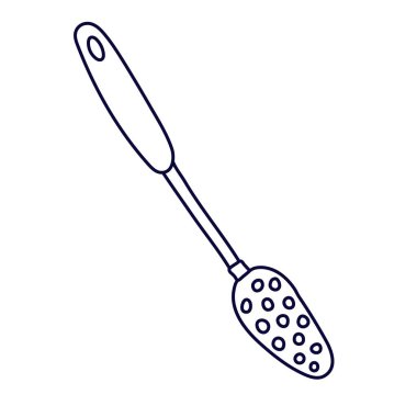 Çizik kaşık şeklinde. Mutfak aleti. Beyaz arkaplanda siyah mürekkeple el çizimi vektör çizimi. 