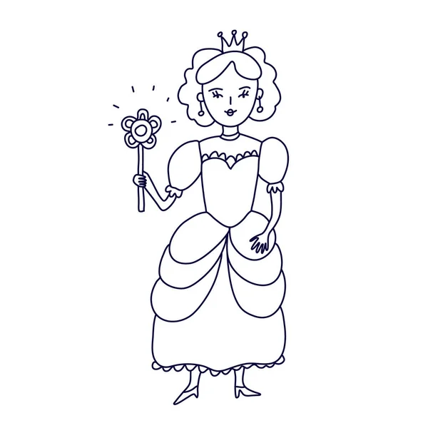 Красивая Принцесса Стиле Каракулей Красивое Платье Корона Волшебная Палочка Цветком — стоковый вектор