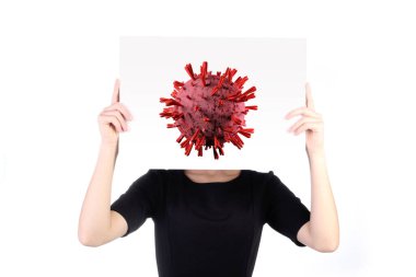 Coronavirus, covid-19, 2019-ncov. Beyaz arka planda izole edilmiş poster tutan kadın.