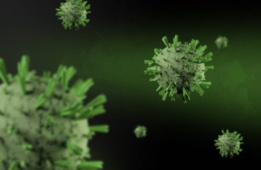 Coronavirus, Covid-19 hücresi 3 boyutlu yakın plan. Siyah ve yeşil arka planda 2019-ncovid. 3d illüstrasyon.