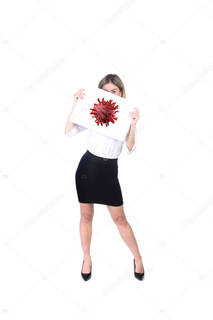 Coronavirus, covid-19, 2019-ncov. Woman holding poster isolated on white background.