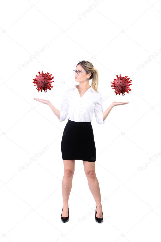 Businesswoman holding coronavirus cell (2019-ncov, covid-19) pandemic. Isolated on white background.