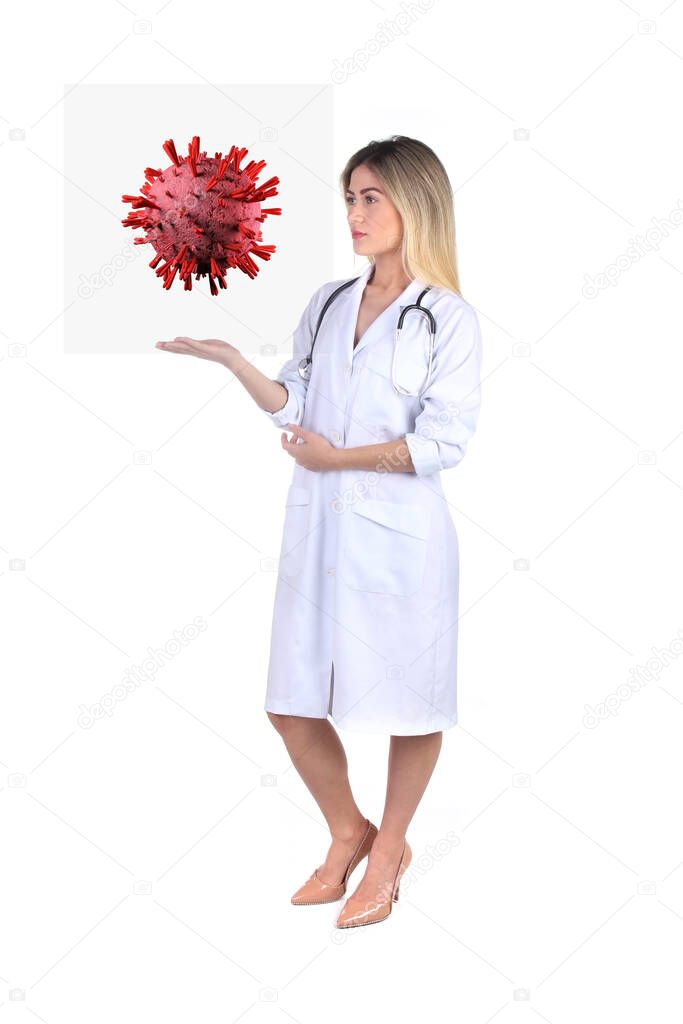 Woman doctor holding coronavirus cell (2019-ncov, covid-19) pandemic. Isolated on white background.