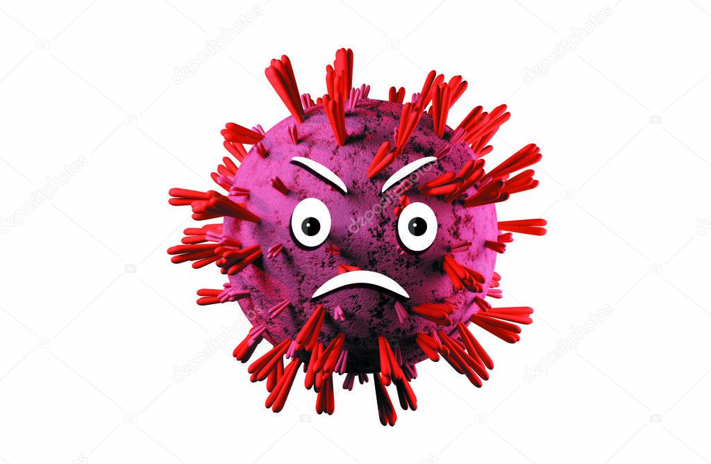 Angry coronavirus emoticon. 3d cell isolated on white background.