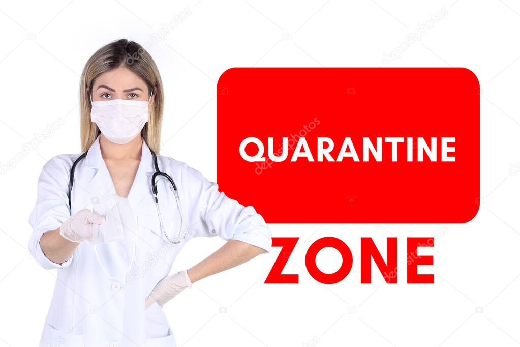 Quarantine zone. Biohazard message. Woman doctor offering mask against Coronavirus, Covid-19. Pandemic area.