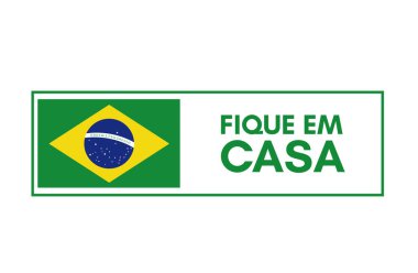 Fique em casa (Portekizce evde kal). Coronavirus 'a karşı kampanya, covid-19, 2019-ncov. Parmak izi ve pul afişi. Brezilya 'ya beyaz arkaplanda izole edilmiş mesaj. 