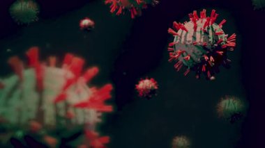 Coronavirus (Covid-19) hücreleri gerçekçi 3D animasyon. Pandemik virüs. Biyolojik tehlike. Koyu mavi arkaplan.