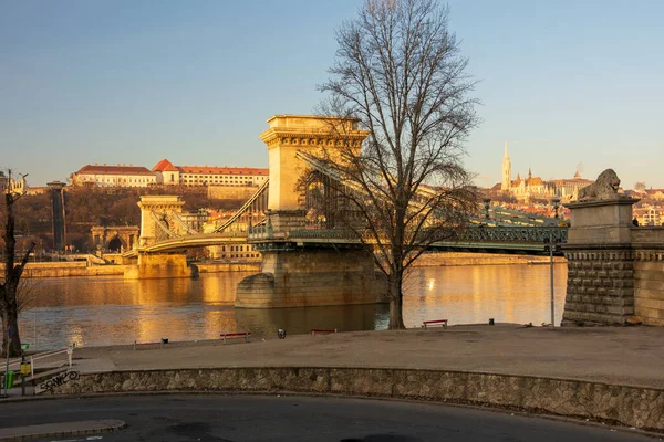 Budapest 12月30 2019 Schenyiチェーンブリッジ ブダ城 議会の建物とブダペスト ハンガリーの古典的な建築を取り巻く — ストック写真