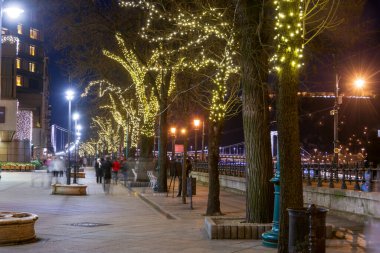 BUDAPEST - 31 Aralık 2019 Macaristan 'ın başkenti Budapeşte' deki Denube Nehri 'nin kıyısındaki süslü bir bulvarda şenlikli bir Yeni Yıl Arifesi