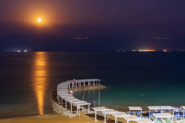 Lune Levant Sur Mer Morte Avec Les Montagnes Les Villes — Photo