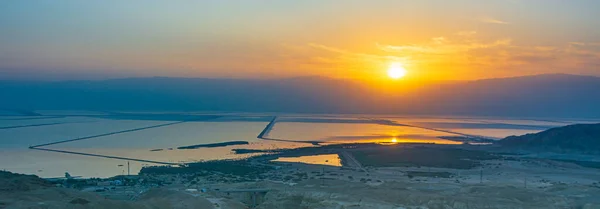 Panoramasoluppgång Döda Havet Södra Israel Från Den Höga Höjden Dead — Stockfoto