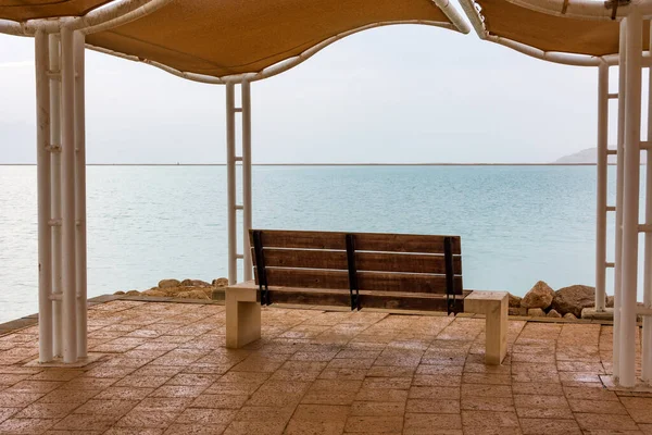 Creative Image Dead Sea Dawn Blue Hour Sunrise Featuring Bench — Stock Photo, Image
