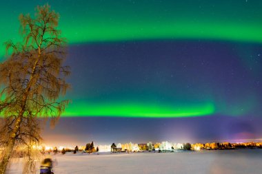 Tourists admiring the Northen Lights - Aurura Borealis - near Rovaniemi, the capital of Lapland in arctic Finland clipart