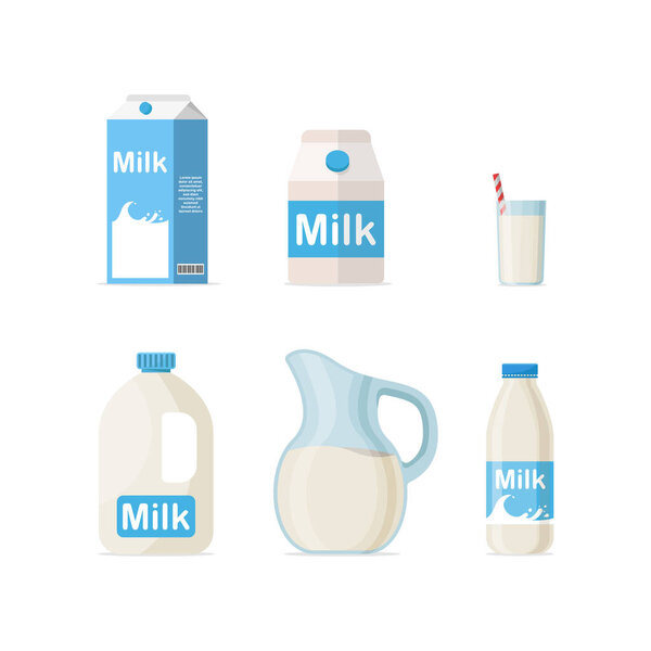 Set of milk in different packages: glass, carton, bottle isolated on White background