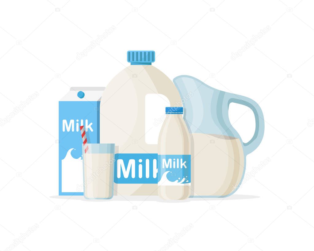 Set of milk in different packages: glass, carton, bottle isolated on White background