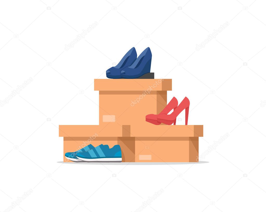 Shoe boxes with woman s footwear,Men shoes,flat design icon vector illustration