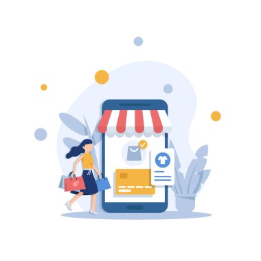 Modern düz tasarım konsepti, küçük insanlarla online alışveriş, mobil web sitesi geliştirme. Ui ve Ux tasarımı