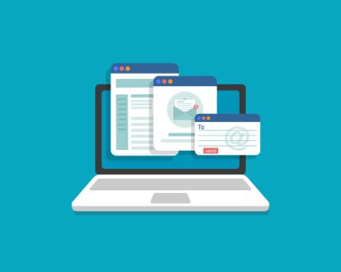 Zarflı dizüstü bilgisayar ve ekranda e-posta oku. E-posta pazarlama, internet reklamcılığı kavramları