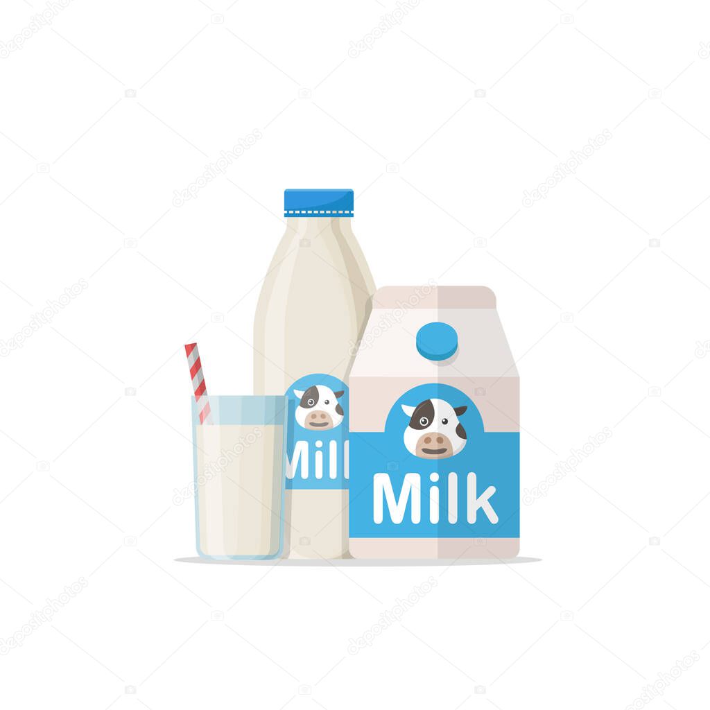 Glass of milk with gable top package close up. Cow milk carton and milk cup isolated on white background