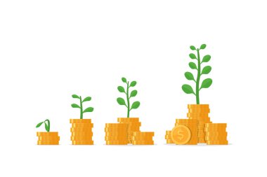 Madeni paralar üzerinde büyüyen ağaç yığını, karşılıklı fon, gelir artışı, faiz oranı, bütçe dengesi, mali strateji performansı