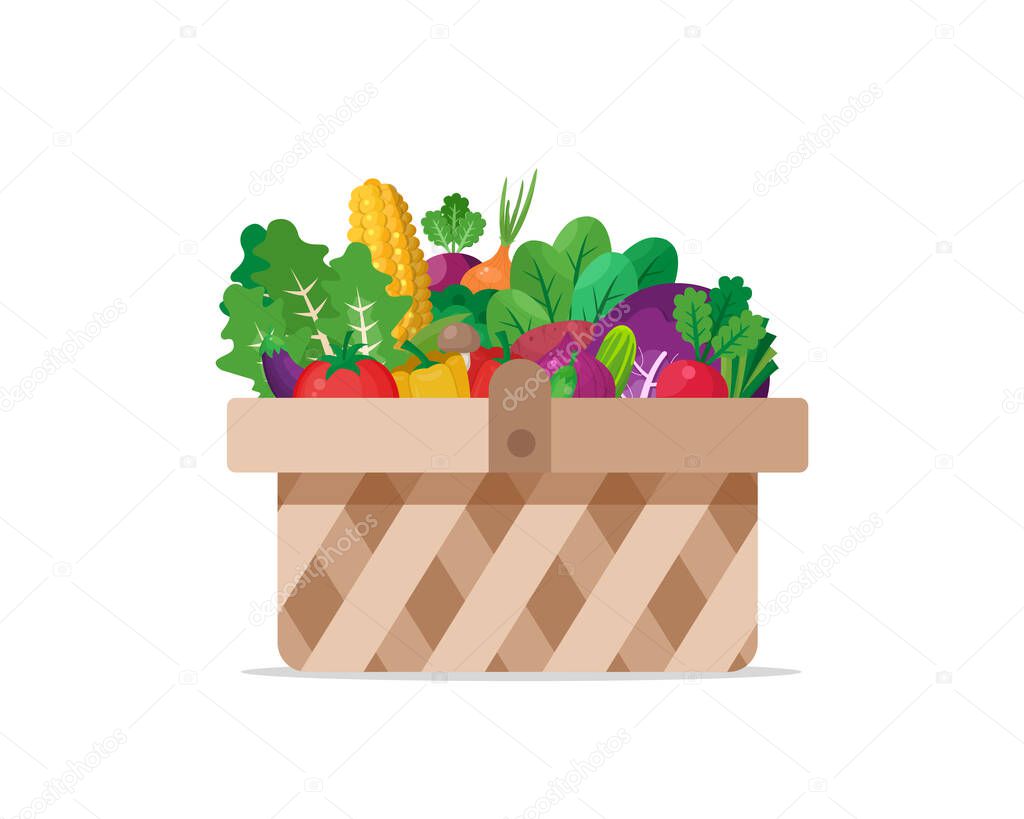 Basket of vegetables in flat design vector icon. Big capacity full of goods