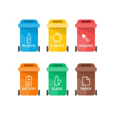 Renkli ayrım çöp kutusu simgesi koleksiyonu. Organik, piller, metal, plastik, kağıt, cam, atık, ampul, alüminyum, yiyecek, kutu, şişe. Çöp kutusu vektörü, geri dönüşüm binası. Vektör illemesi