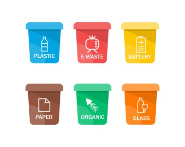 Renkli ayrım çöp kutusu simgesi koleksiyonu. Organik, piller, metal, plastik, kağıt, cam, atık, ampul, alüminyum, yiyecek, kutu, şişe. Çöp kutusu vektörü, geri dönüşüm binası. Vektör illemesi