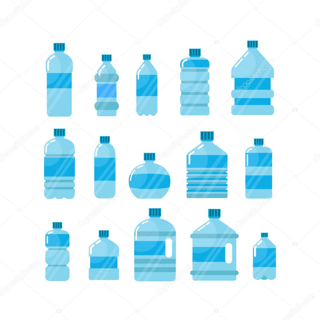 Plastic bottle water set. Blue drinking water packaged in PET Bottle, recyclable and easy to store liquids. Vector flat style cartoon illustration isolated on white background