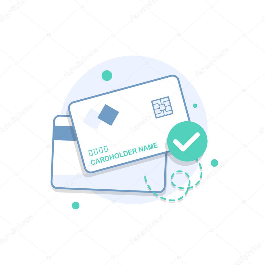 Plastic debit or credit card with a payment approved icon,flat design icon vector illustration