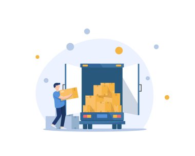 Kutularla Kamyon Taşımak. Yükleme kamyonunun arka tarafında, karton kutulu adam, düz tasarım ikon vektör çizimi