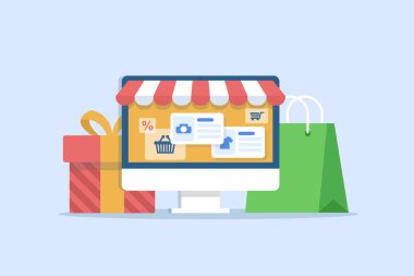 Çevrimiçi Alışveriş, Çevrimiçi Pazarlama Vektör İllüstrasyonu. İnternet iş süreci, mobil pazarlama, e-pazarlama