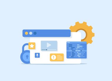 Development and software. Concept of programming, data processing. Computer code with windows