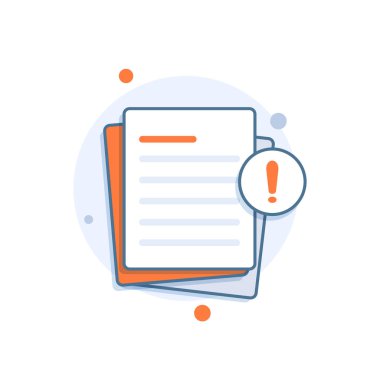 Uyarı veya hata bildirim baloncuğu, düz tasarım vektör illüstrasyonlu belge