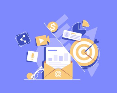 E-posta reklam kampanyası, e-pazarlama, hedef kitleye e-posta ve düz vektör konseptiyle ulaşmak