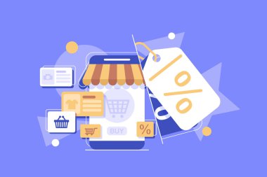 Çevrimiçi Pazarlama vektör çizimi. İnternet iş süreci, mobil pazarlama, e-pazarlama, e-ticaret