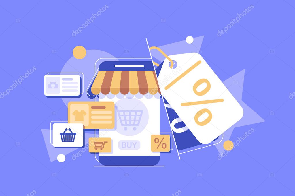 Online Marketing vector illustration. Internet business process,Mobile marketing , e-marketing, E-commerce