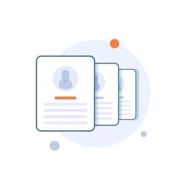 Kişisel veri vektörü illüstrasyonu, düz karikatür kağıt yığını veya kullanıcı profili verisi ve fotoğraf içeren yığın, röportaj işi konsepti