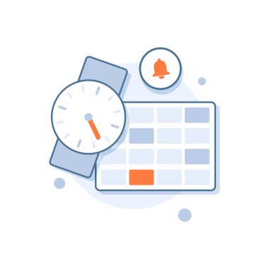 Saat ve takvim bildirimi, Finans takvimi, düz tasarım vektör illüstrasyonu