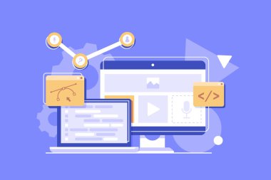web tasarım araçları, web tasarım süreci ve infografik elementler izole edilmiş, düz tasarım vektör illüstrasyonu