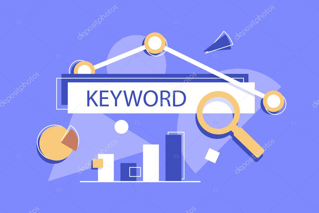 Conceptual line artwork for keyword research, on-page optimization, seo flat vector banner