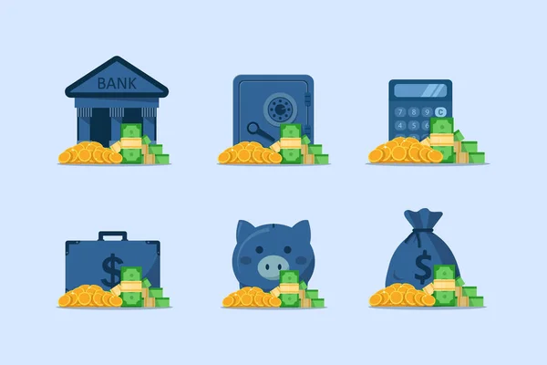 Набір Фінансових Іконок Безпечна Коробка Грошовими Заощадженнями Доларові Монети Банкноти — стоковий вектор