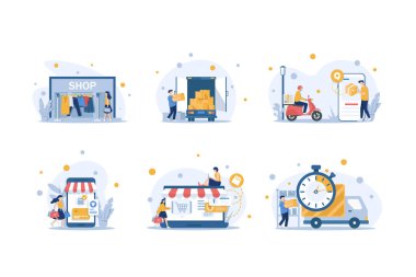 Modern düz tasarım konsepti, küçük insanlarla online alışveriş, mobil web sitesi geliştirme. Ui ve Ux tasarım, teslimatçı motorsiklete biner ve telefondan sipariş verir