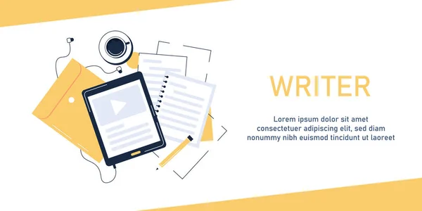 Scénariste Couverture Web Concept Bannière Pour Blogueur Éducation Ligne Écouteurs — Image vectorielle