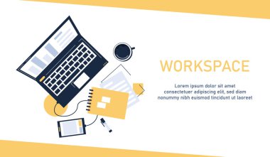 Modern ve şık iş yeri, ofis malzemeleri, düz tasarım vektör illüstrasyonunun üst görünümü